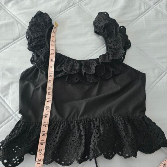 Express Black Cotton Eyelet Lace Ruffle Peplum Top L Open Back Romantic Evening - Picture 8 of 10